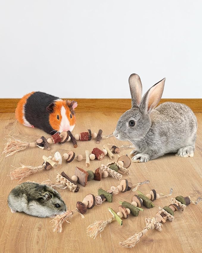 6PCS Bunny Chew Toys, Hamster Rabbit Cage Hanging Chew Toys, Natural Apple Wood Bunnies Treats, Improve Small Animal Teeth Health for Guinea Pig Chinchilla Ferret Rats Gerbil-Mewly Pet