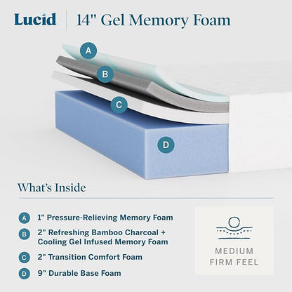 Lucid 14 Inch Memory Foam Mattress - Medium Firm Feel - Infused with Refreshing Bamboo Charcoal and Cooling Gel - Bed in a Box - Temperature Regulating - Pressure Relief - Breathable - King Size