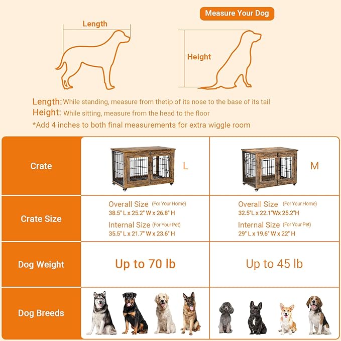 Lulive Dog Crate Furniture Set of 2, Dog Kennel Indoor Double Doors Wooden Dog Cage, 38'' Heavy Duty Dog Crate with Cushion & Wheels, End Table Pet House Chew-Resistant Up to 70 lb, Rustic Brown-Mewly Pet
