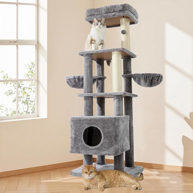Gardner Pet 65in Heavy Duty Cat Tree Tower for Large Cats, Multi-Level Cat Furniture with Replaceable Sisal Scratching Post, Hammock | Extra-Large Platform & Condo (Grey)-Mewly Pet