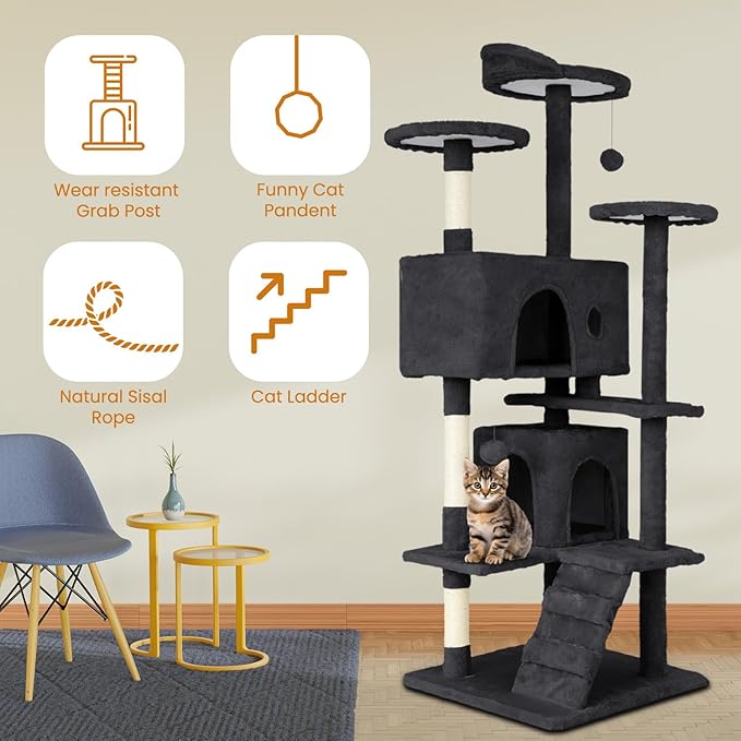 54.7 inches Cat Tower for Indoor Cats, Multi-Level Cat Condos with Scratching Posts, Hanging Toys, Dark Gray-Mewly Pet