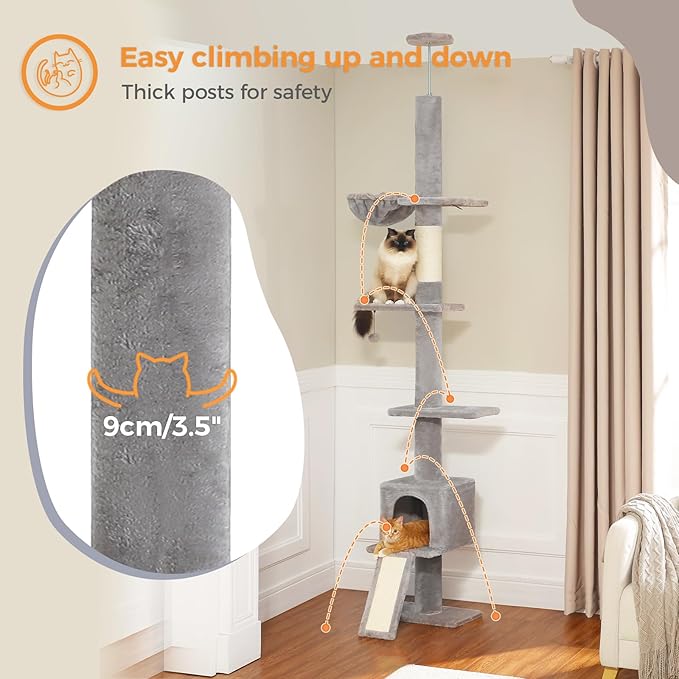 PEQULTI Floor to Ceiling Cat Tree, Tall Cat Tower, Adjustable Height (83''-108'') 5 Levels Climbing Tree for Indoor Cats with Cat Condo, Cozy Hammock and Scratching Post, Grey-Mewly Pet