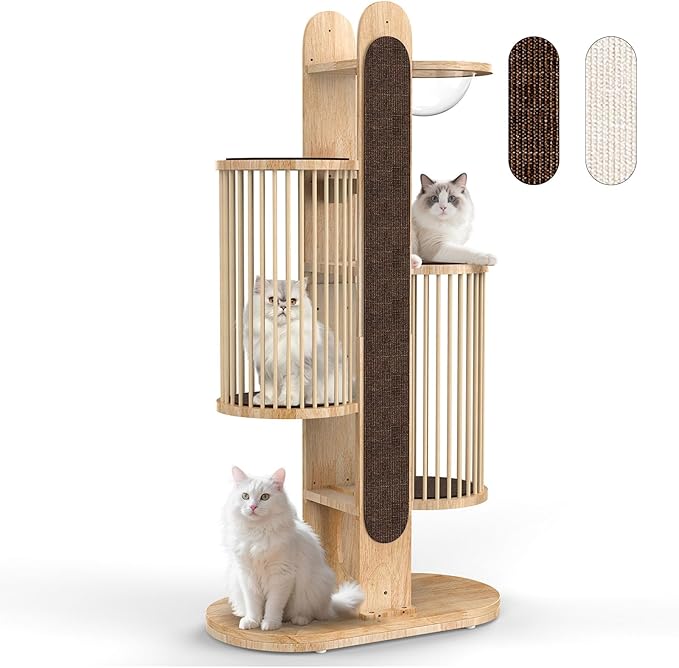 Modern Cat Tree Tower for Indoor Cats, 67" Tall Solid Wooden Cat Tower with Scratching Posts, 6 Level Natural Luxury Cat House with Big Bed, Washable Cushions Cat Furniture for Large Cats White Brown-Mewly Pet