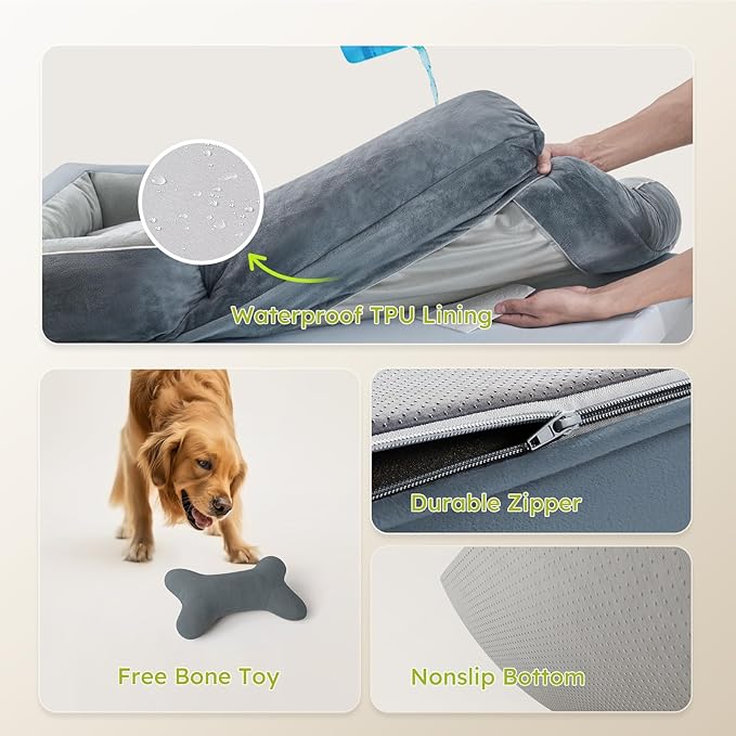 Dog Beds for Large Dogs, Orthopedic Dog Bed with Cooling Gel Memory Foam, Waterproof Large Pet Bed with Removable Washable Cover, 36" Pet Sofa Couch Dutch Velvet with Bone Toy, Dark Gray-Mewly Pet