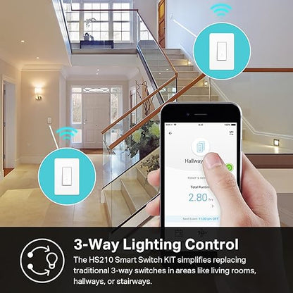 Kasa Smart 3 Way Switch HS210 KIT, Needs Neutral Wire, 2.4GHz Wi-Fi Light Switch works with Alexa and Google Home, UL Certified, No Hub Required, White,2 Count (Pack of 1)