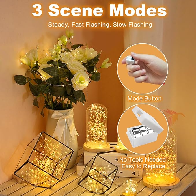20 Pack Fairy Lights Battery Operated - 3 Speed Modes, 7Ft 20 LED String Twinkle Lights, Waterproof Copper Wire, Mini Firefly Light for Mason Jars Vases Christmas Decor, Warm White