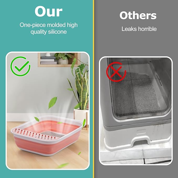 Open Top Cat Litter Box, Large Foldable Cat Potty Height-Adjustable Sides Anti-Splash, Open Air Kitty Litter Pan No Smell, Cat Toilet Easy Clean with Cat Litter Scoop (Pink)-Mewly Pet