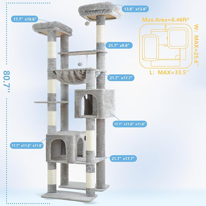 Hey-brother Tall Cat Tree Tower, Heavy Duty Scratching Posts with Large Platforms, Cozy Condos, Big Hammock, Toy Balls, Multi-Level Furniture for Indoor Adult Cats, 80.7 Inches, Light Gray MPJ039W-Mewly Pet