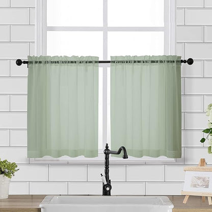 Chyhomenyc Sheer Curtains Tiers 42W x 24L Inches 2 Pieces Set, Light Filtering Small Curtains, Short Bathroom Living Room Cafe Basement Voile Window Curtain, Rod Pocket, Sage Green