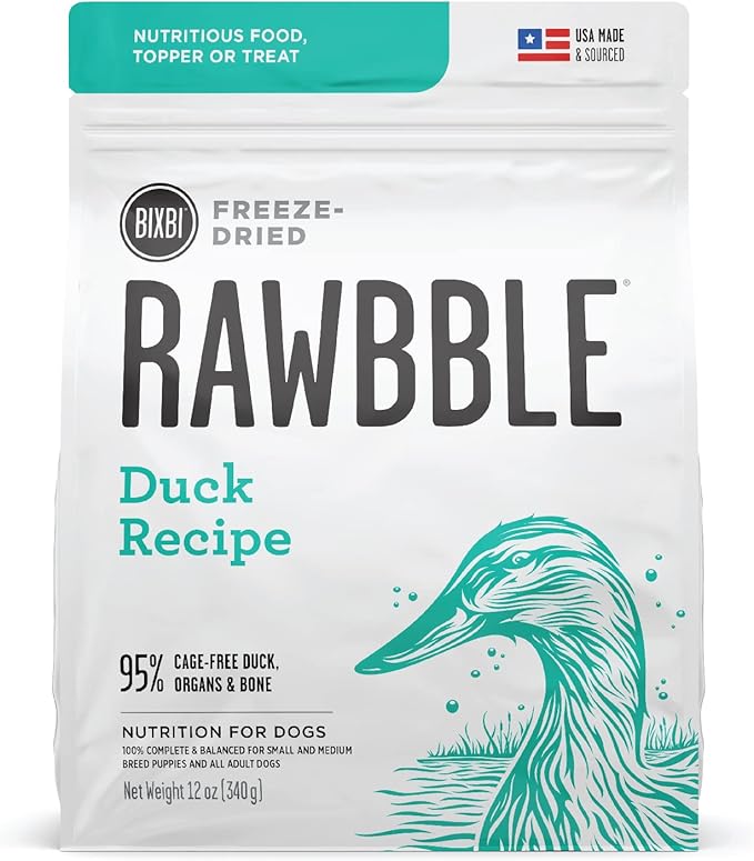 BIXBI Rawbble Freeze Dried Dog Food, Duck Recipe, 12 oz - 95% Meat and Organs, No Fillers - Pantry-Friendly Raw Dog Food for Meal, Treat or Food Topper - USA Made in Small Batches-Mewly Pet