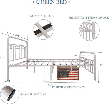YALAXON Vintage Sturdy Queen Size Metal Bed Frame with Headboard and Footboard Basic Bed Frame No Box Spring Needed (Queen,White)