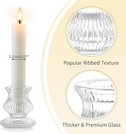 Romadedi Glass Candle Holder for Candlestick - 2 Pcs Clear Small Tapered Candle Holder Decor Wedding Table Centerpiece for Candle Sticks Christmas Party Living Room Dinner Advent