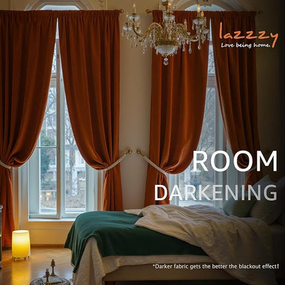 Lazzzy Velvet Blackout Curtains Thermal Insulated Room Window Drapes Super Soft Luxury Curtains for Living Room Bedroom Rod Pocket 2 Panels, Burnt Orange, 52" W x 120" L