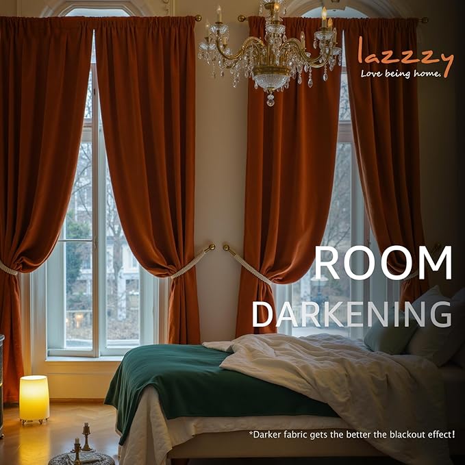 Lazzzy Velvet Blackout Curtains Thermal Insulated Room Window Drapes Super Soft Luxury Curtains for Living Room Bedroom Rod Pocket 2 Panels, Burnt Orange, 52" W x 102" L