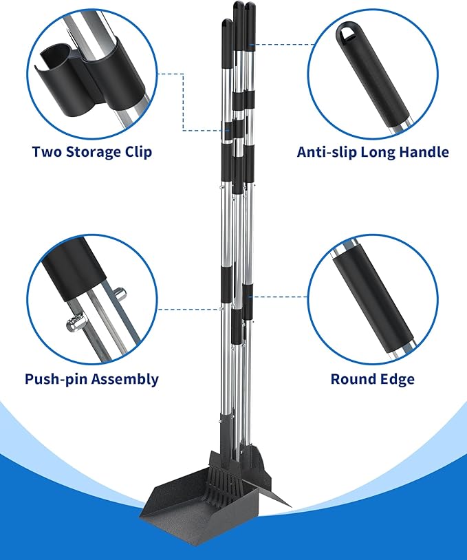 Dog Pooper Scooper Set, Stainless Metal Tray Rake Spade 3 Pack, Long Handle Pet Waste Scooper for Large Medium Small Dogs, Heavy Duty Poop Scooper for Yard, Grass, Dirt or Gravel-Mewly Pet