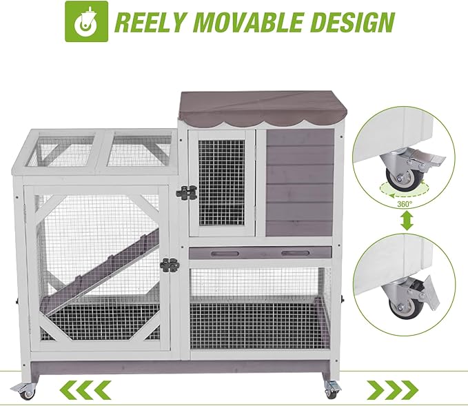 GUTINNEEN 2-Story Rabbit Hutch Indoor with Chew-Proof Design & Slide-Out Trays - Wooden Small Animal Cage Guinea Pig Cages with Lockable Wheels for 2-3 Rabbits, Bunnies, Guinea Pigs (Grey)-Mewly Pet