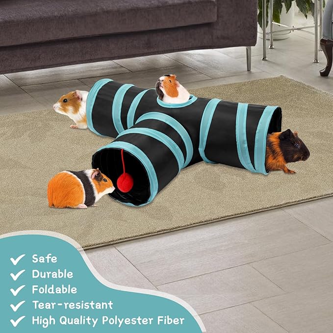 Rypet Guinea Pig Tunnel, 3 Way Collapsible Rabbit Tunnel, Small Pet Tunnels and Tubes with Interactive Ball for Rabbit Ferret Hamster Chinchilla Hedgehog Hiding and Resting-Mewly Pet