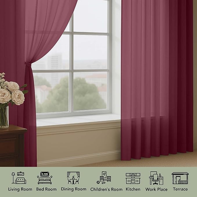 OWENIE Burgundy Sheer Curtains 108 Inches Long for Living Room Bedroom 2 Panels Set, Lightweight Airy Burgundy Sheer Curtain, Filmy Rod Pocket, 2 PCS, Each 59" W x 108" L