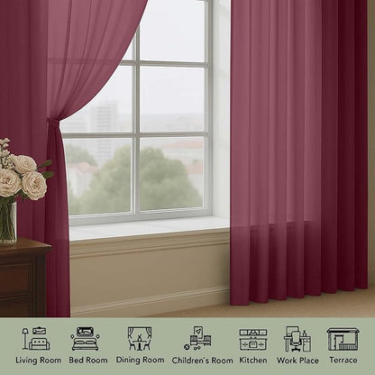 OWENIE Burgundy Vine Sheer Curtains, Sheer Curtains 96 inches Long 2 Panels Set, Rod Pocket Fimly Sheer Drapes for Living Room/Bedroom, 2pcs, Each 59" W x 96" L