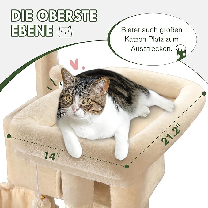 MUTICOR 66 Inches Multi-Level Large Cat Tree Tower for Indoor Big Feline/Cozy Plush Perches/Condo/Sisal Scratching Posts/Hammock and Baskets/Activity Center Play House/Wide Base/Beige-Mewly Pet