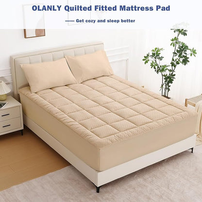 OLANLY Twin Quilted Fitted Mattress Pad – Soft Pillow Top Mattress Topper, Down Alternative Fill, Cooling Comfort Breathable Mattress Cover, Machine Washable Deep Pocket Mattress Protector, Beige