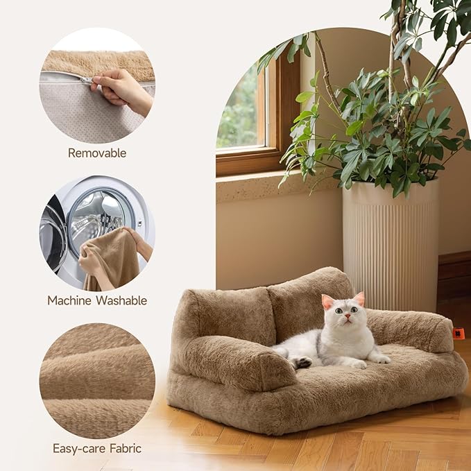 MEWOOFUN Dog Couch, Supportive Small Dog Bed for Puppy and Cats with Removable Washable Cover, Fluffy Cat Couch with Non-Slip Bottom (Camel, 26.0" L X 19.0" W X 13.0" Th)-Mewly Pet