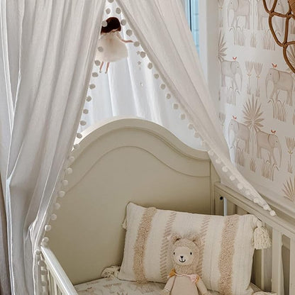 Bed Canopy with Pom Pom Cotton Canopy for Kids Crib Baby Girl Netting Cover Canopy Crib Curtain Reading Nook Hanging Tent Nursery Play Game Castle Room Decoration (White)