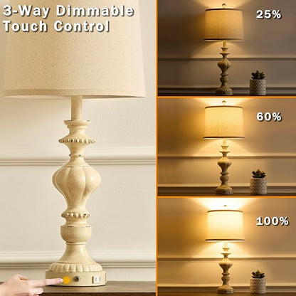 27.5" Farmhouse Table Lamps Set of 2 Bedside Nightstand Lamp with USB C+A Ports & AC Outlet, 3 Way Dimmable Touch Lamps for Bedroom Living Room Office Hallway Rustic Traditional Lamp