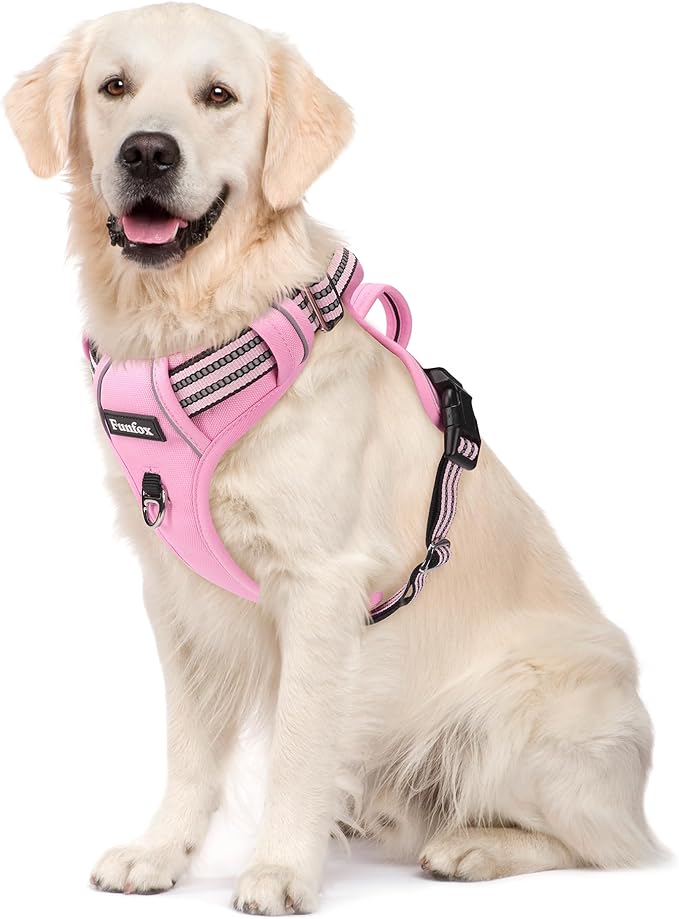 Funfox Dog Harness No Pull, Adjustable Pet Vest Harness, Super Soft Material with Vertical Handle Easy Control, Reflective Night Walking, 2 Leash Clips for Large Dogs, Pink, L-Mewly Pet