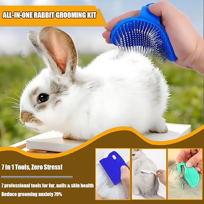 Rabbit Grooming Kit – Bunny Grooming Kit with Shedding Brush, Nail Clippers & Comb – Small Animal Grooming Supplies for Rabbits, Guinea Pigs, Hamsters, Ferrets - Small Pet Shedding & Care (Blue)-Mewly Pet