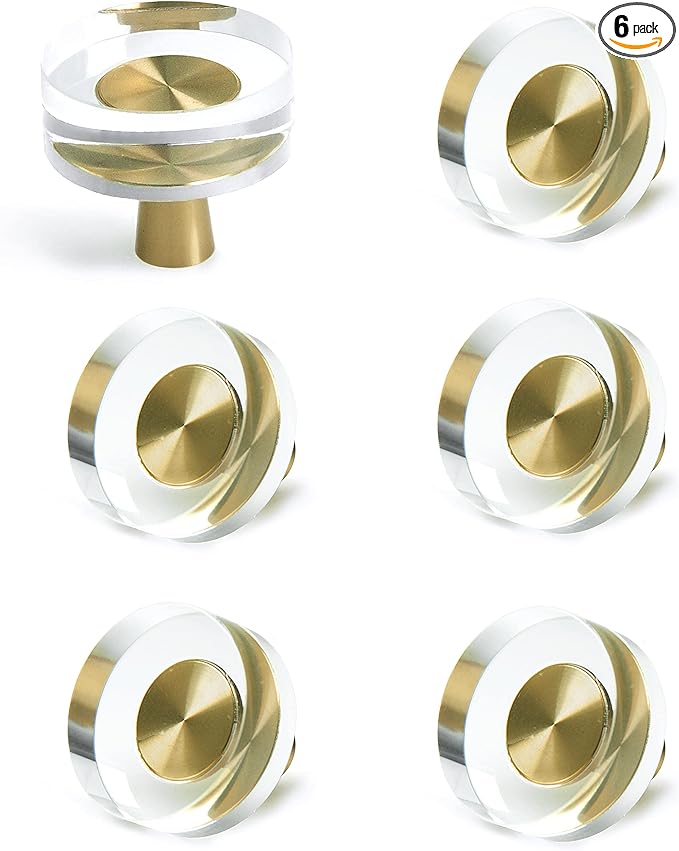 JEREVER 6 Pack Glass Crystal Knobs Brass Drawer Pull Cabinet Handle Gold Furniture Hardware for Dresser Kitchen (Round)