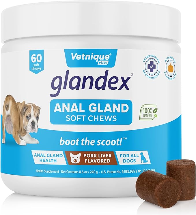 Vetnique Labs Glandex Anal Gland Soft Chew Treats with Pumpkin for Dogs Digestive Enzymes, Probiotics Fiber Supplement for Dogs Boot The Scoot (Pork Liver Chews, 60 Count)-Mewly Pet