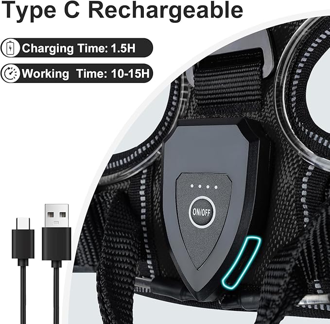 Taglory Light Up Dog Harness, Rechargeable No Pull Dog Vest with 3 Lightning Modes, Reflective Dog Harness with 2 Leash Clips & 4 Adjustable Slide Strips for Large Dogs, Black-Blue, XL-Mewly Pet