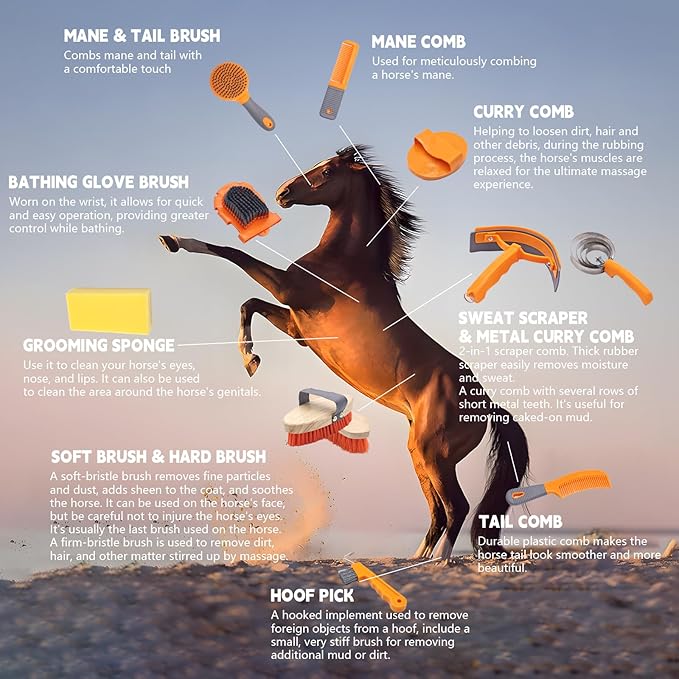 Horse Grooming Kit, Horse Grooming Supplies Includes 12 Horse Hair Care Tools Such as Handbag, Horse Brush, Horse Comb, Hoof Pick, Sweat Scraper, Etc., Suitable Gifts for Horse Riding Enthusiasts-Mewly Pet