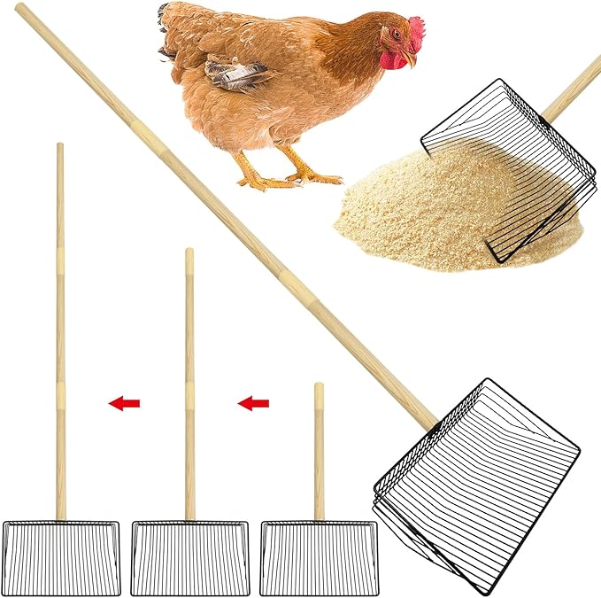 PINVNBY Stainless Steel Chicken Poop Scooper 3 in 1 Adjustable Wooden Handle Poop Scooper for Chicken(18.1" to 42.1")Multifunctional Chicken Coop Cleaning Tools Sifting Shovel Chicken Coop Accessories-Mewly Pet