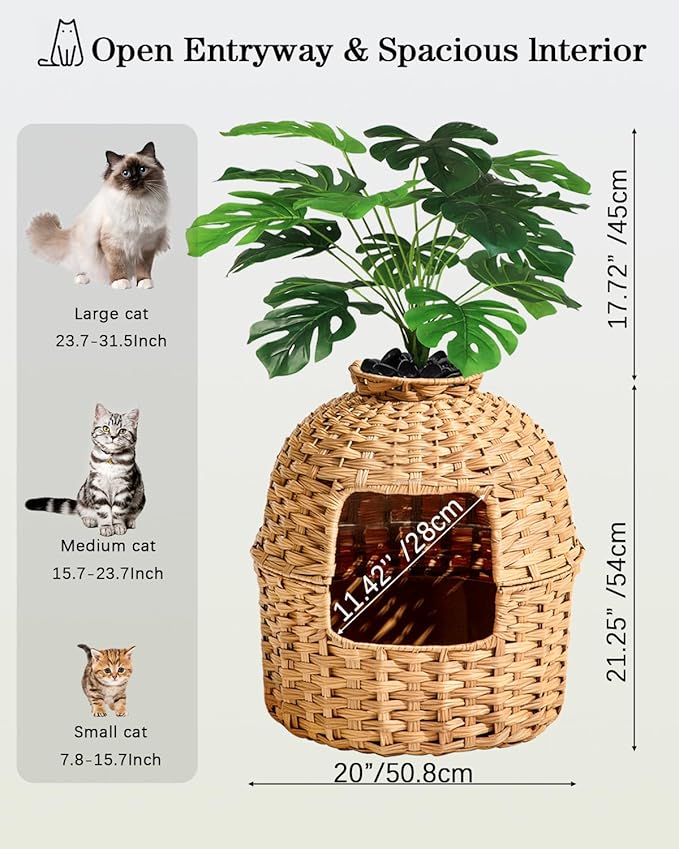 Cat Litter Box Plant Furniture Enclosure, Hidden Handwoven Rattan with Cat Litter Box and Artificial Plants, Odor Control Filter, Real Stones in Living Room, Bedroom, Corner Natural-Mewly Pet