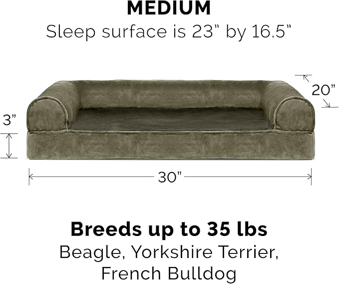 Furhaven Cooling Gel Dog Bed for Medium/Small Dogs w/ Removable Bolsters & Washable Cover, For Dogs Up to 35 lbs - Faux Fur & Velvet Sofa - Dark Sage, Medium-Mewly Pet