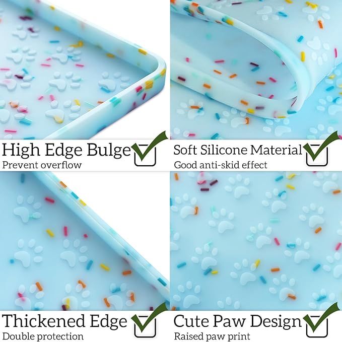 Ptlom Dog Food Mat Anti-Slip Dog Bowl Mats for Food and Water, Waterproof Pet Placemat Prevents Messy Spill to Floor, Silicone Puppy Feeding Tray for Small, Medium and Large Dogs Cats, Blue-Mewly Pet