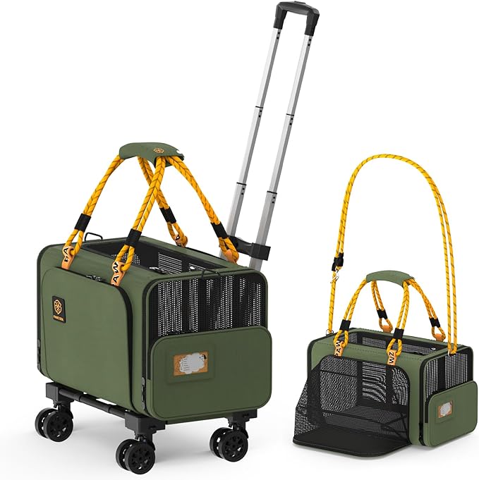 PAWZIDEA Expandable Pet Carrier with Wheels, 18X11X11 TSA Airline Approved Cat Carrier w/ID Card for 2 Cats, Small Dog Carrier Car Seat Travel Bag, Max Weight Recommendation 18 lbs，Green-Mewly Pet