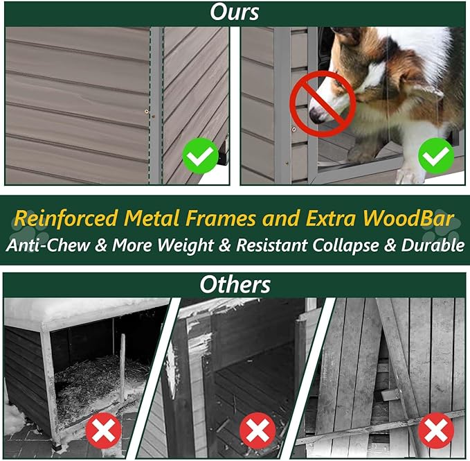 43.3" L Dog House Outdoor for Large Breeds Dogs Anti Chewing Iron Frames Dog Kennel Wooden Pet Houses for Indoor Outdoor with Weatherproof Roof,6 Elevated Feet, Reinforced Bottom Support-Mewly Pet