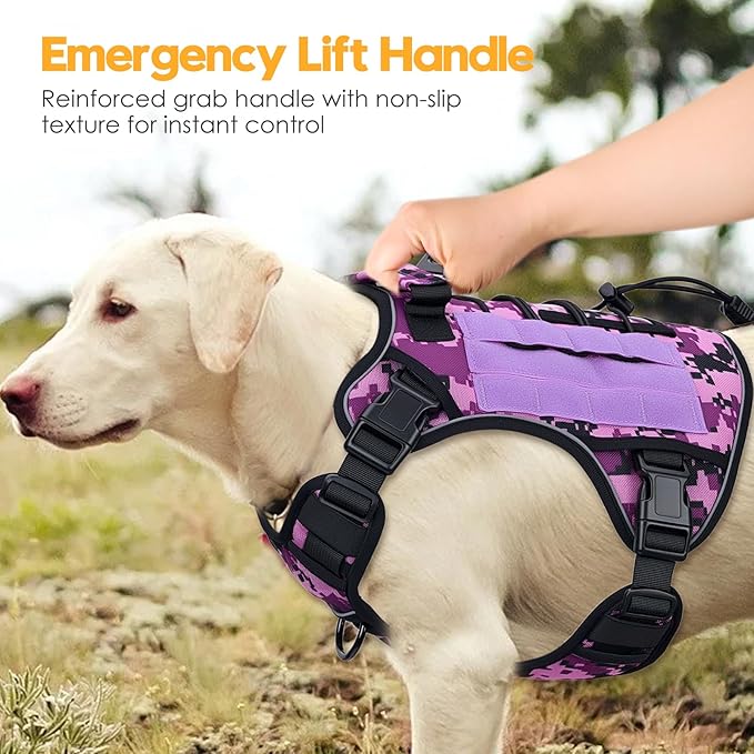 Heavy-Duty Tactical Dog Harness for Large Dogs, No Pull Adjustable Reflective Pet Vest with Molle System, K9 Military-Grade Control for Service Training, Outdoor & 10+ Breeds, Purple Camo, XX-Large-Mewly Pet