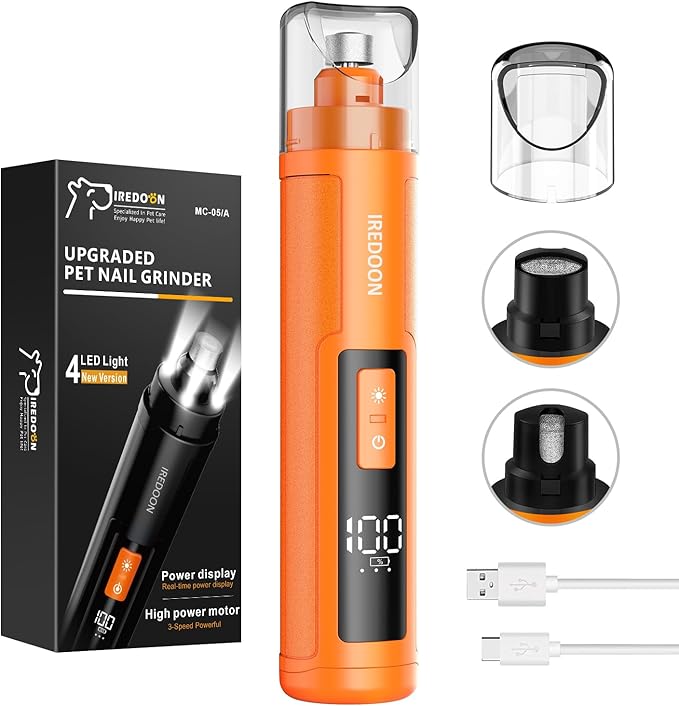 Dog Nail Grinder Upgraded - Professional 3-Speed Super Quiet and Low Vibration Electric Pet Nail Grinder with 4 LED Lights - Painless Paws Grooming & Smoothing for Small to Large Dogs (Orange)-Mewly Pet