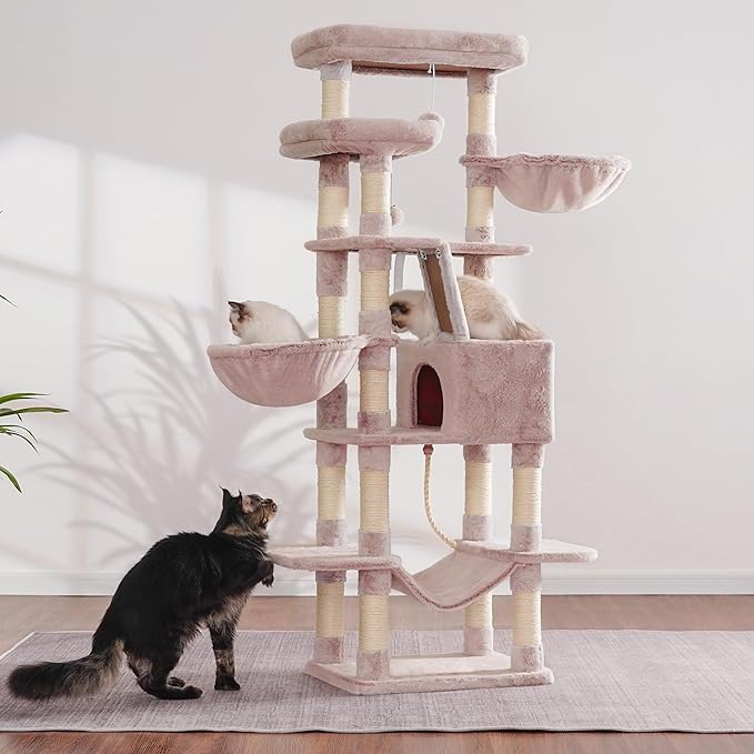 Heybly Cat Tree, 68 inch Multi-Level Cat Tower for Indoor Cats, 2 Widened Plush Perches Cat Condo with Scratching Board and Big Caves, Muchroom HCT025MU-Mewly Pet