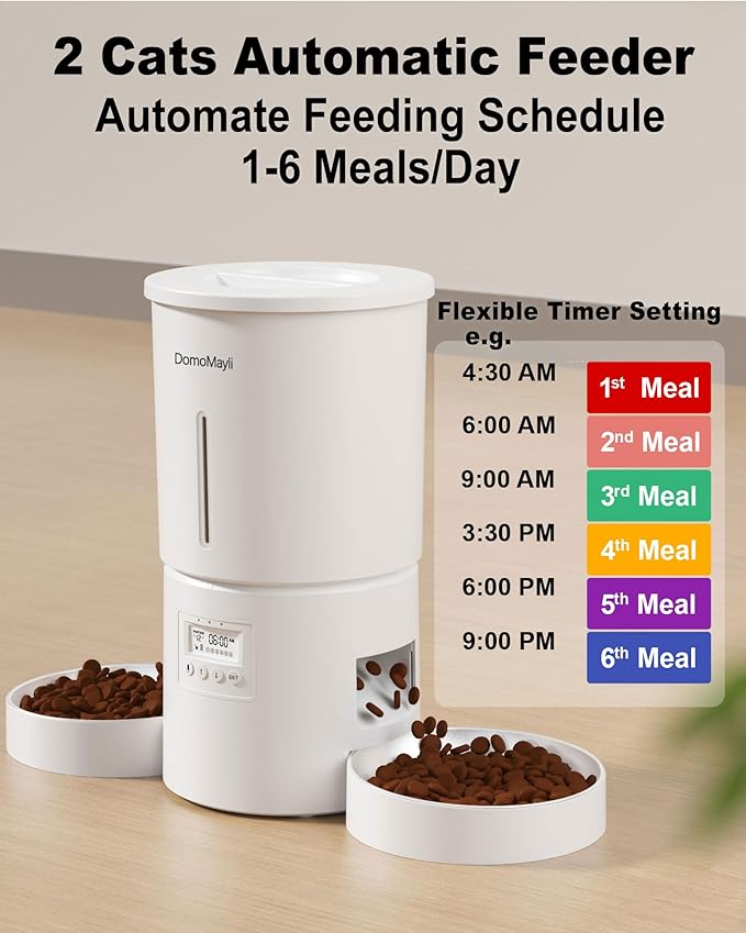 Automatic Dual Cats Feeder for 2 Cats,6 Meals/Day,12 Portions/Meal,Dual Power Auto Pet Feeder Dry Food Dispenser,Flexible Schedule Timer 10S Voice Record (White, ABS Dual Bowls)-Mewly Pet