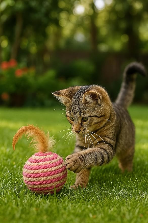 Ball for cat with Feathers - Balls for Cats – Natural Toy for Indoor Cats – Eco-Friendly, Durable, Interactive Play Balls for Kittens – Pet-Safe Chew & Scratch Toys (Red)-Mewly Pet