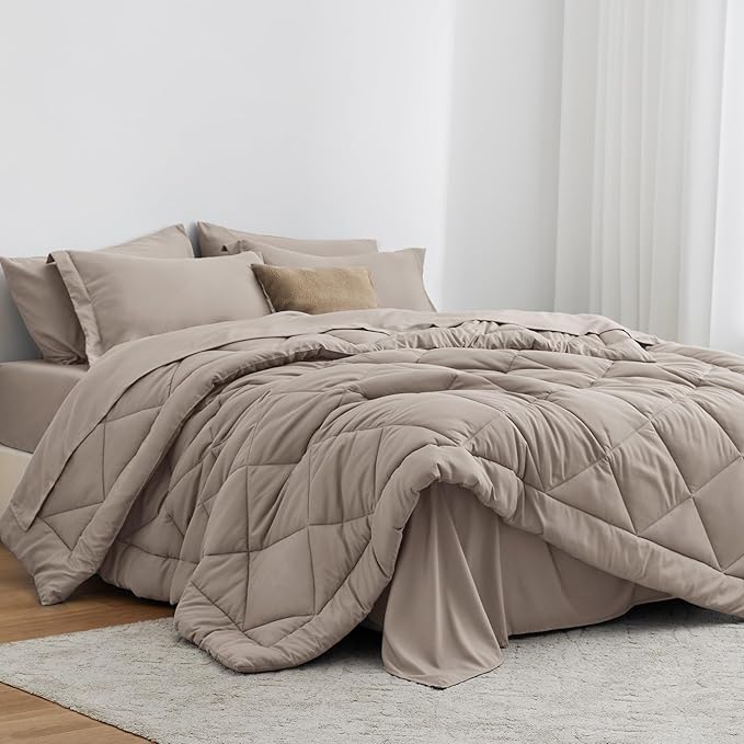 Love's cabin Queen Comforter Set Burlwood, 7 Pieces Queen Bed in a Bag, All Season Queen Bedding Sets with 1 Comforter, 1 Flat Sheet, 1 Fitted Sheet, 2 Pillowcase and 2 Pillow Sham