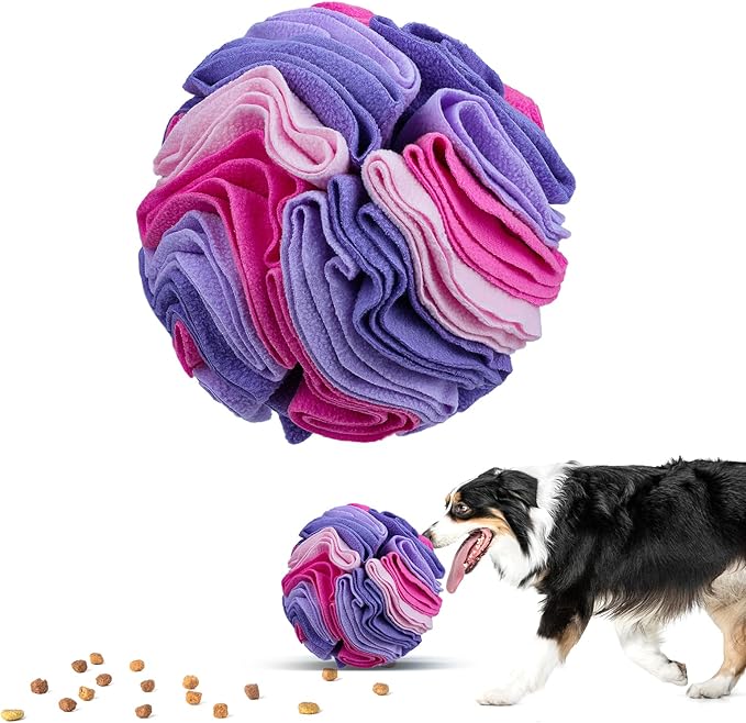 Pet Snuffle Ball, Puzzle Sniffing Interactive Dog Ball for Blind Dogs Training Stress Relief Dog Enrichment Toys Treat Machine Washable (20cm, Pink and Purple)-Mewly Pet