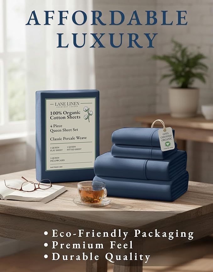 LANE LINEN 100% Organic Cotton Queen Sheets Set, Fully Elasticized Machine Washable Mercerized Cotton Soft & Comfy Low Pill Fade Resistant Sheets Queen Size Set, Classic Percale Weave- Estate Blue