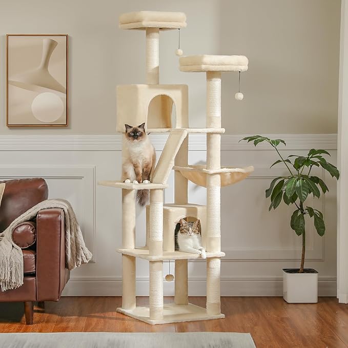 PAWZ Road 70 Inch Cat Tower, Tall Cat Tree with 2 Cozy Condos, 2 Plush Perch, Large Basket, 2 Scraching Pad & 6 Scraching Posts for Indoor Cats Large Adult, Beige-Mewly Pet