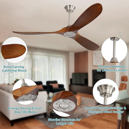 Sofucor Ceiling Fan Without Lights, 60 Inch Low Profile Flush Mount Mordern Wood Ceiling Fan with Remote for Indoor Farmhouse Bedroom Living Room Outdoor Patio Porch, Reversible DC Motor, Noiseless